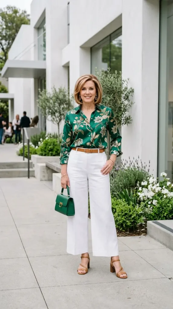Woman in emerald floral blouse with white culottes, modern spring separates look for women over 50