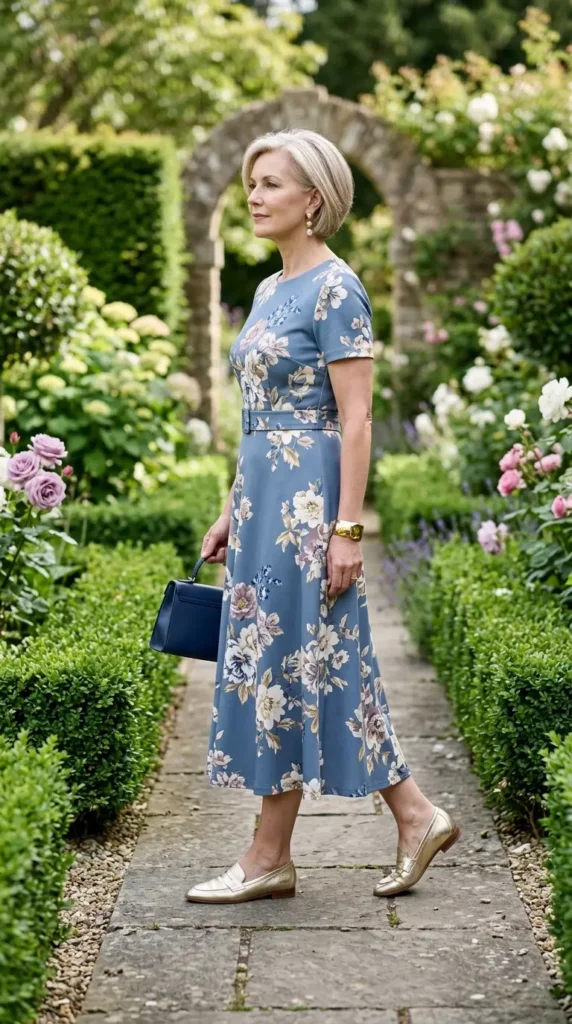 Woman in dusty blue floral midi dress with gold loafers side profile, sophisticated spring look women over 50