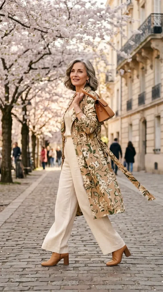 Woman in floral trench coat with cream trousers over shoulder view, fashion-forward spring look women over 50