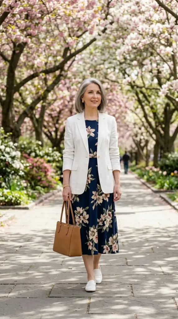 Woman in navy floral midi dress with white linen blazer side view, polished spring look for women over 50
