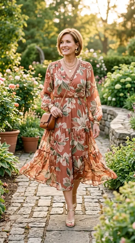 Woman walking in terracotta floral midi dress with gold kitten heels, warm spring closing look women over 50
