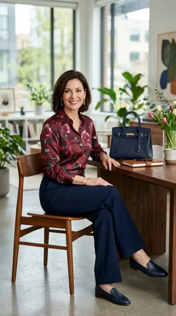 Woman in burgundy rose blouse with navy trousers seated, professional spring look women over 50