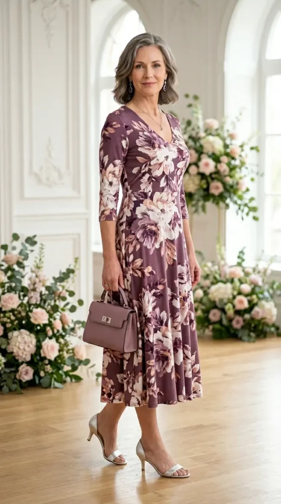 Woman in plum floral midi dress with silver kitten heels 3/4 view, rich elegant spring look women over 50