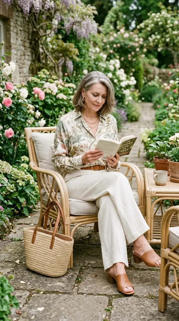 Woman in garden print silk blouse with wide-leg linen trousers candid moment, chic casual spring look women over 50