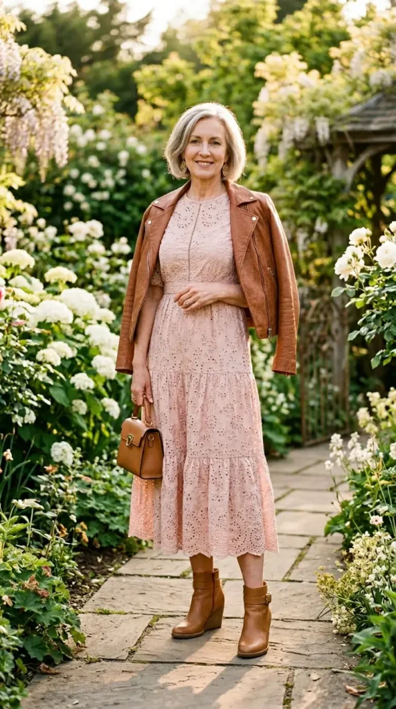 Woman in blush broderie anglaise midi dress with tan wedge boots, beautiful spring look women over 50