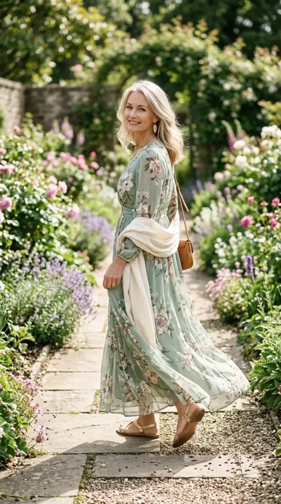 Woman in sage floral maxi dress with gold flat sandals over shoulder view, graceful spring look for over 50