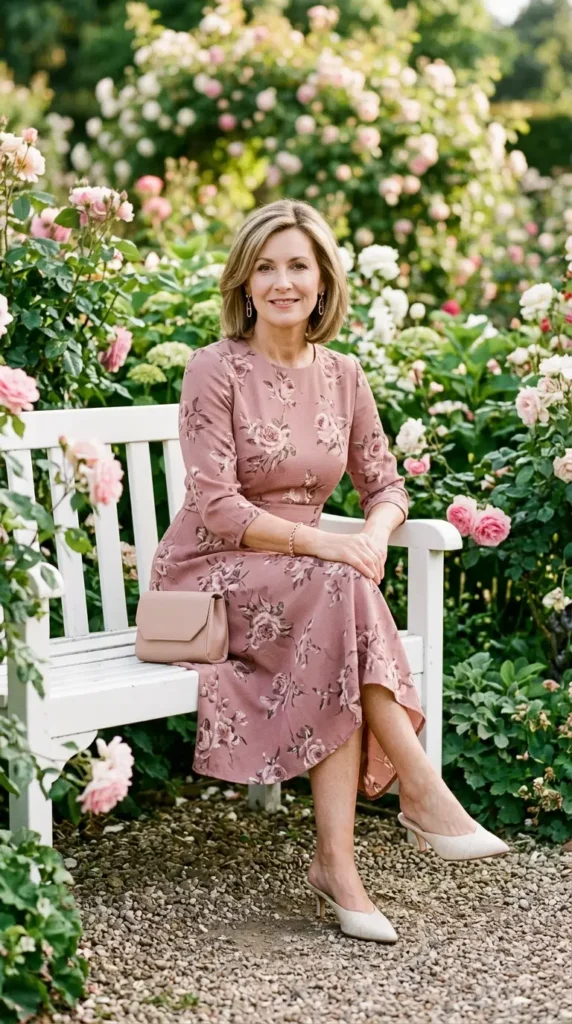 Woman seated in dusty rose floral midi dress with cream kitten heels, romantic spring look women over 50
