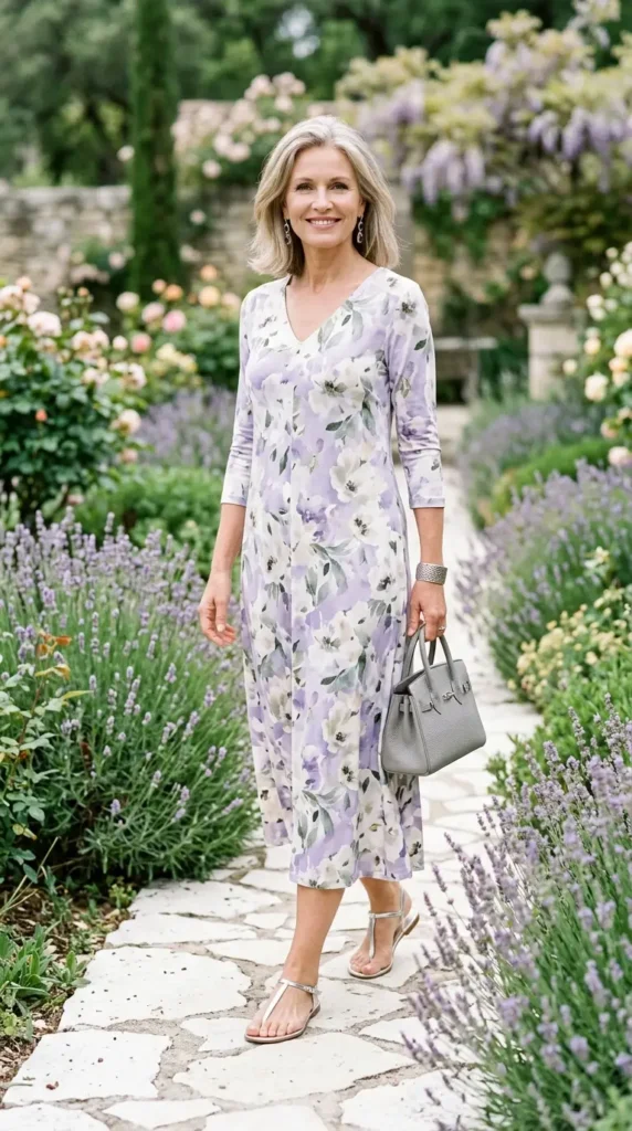 Woman in lavender floral midi dress with silver flat sandals 3/4 view, graceful spring look women over 50