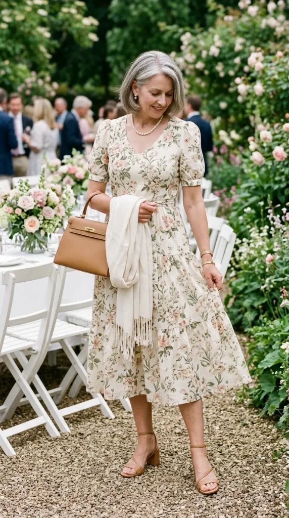 Woman in cream floral tea dress with camel block heels candid moment, classic spring look women over 50