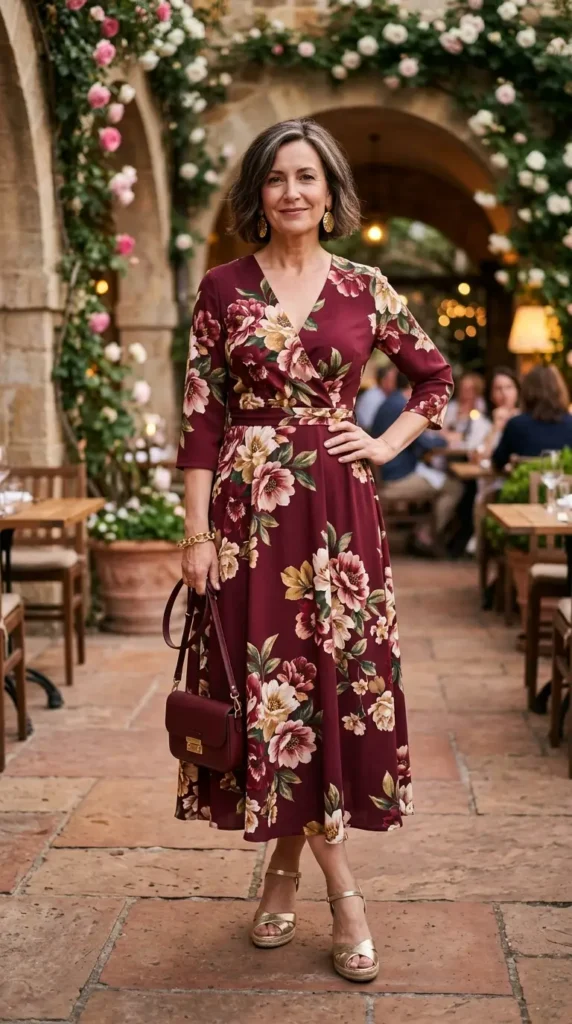 Woman in burgundy floral midi dress with gold wedge sandals, rich spring evening look women over 50