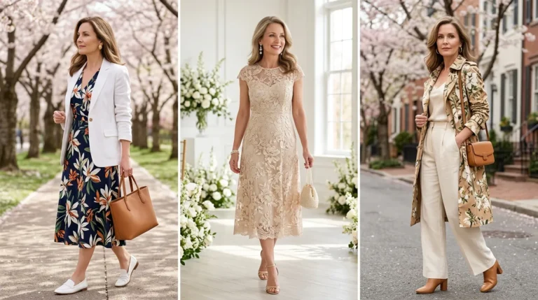 Elegant woman in blush floral wrap dress with champagne wedges, spring outfit for women over 50