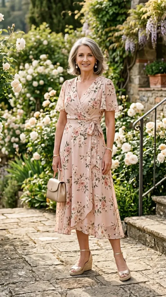 Elegant woman in blush floral wrap dress with champagne wedges, spring outfit for women over 50