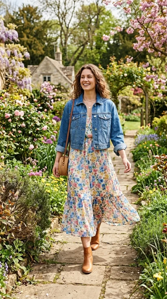 Cropped denim jacket open over floral midi dress showing spring layering proportion