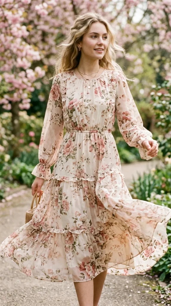 Lightweight floral chiffon dress in soft pink tones for spring layering
