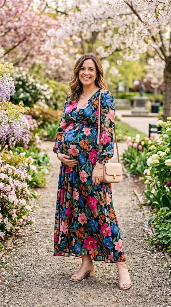 Pregnant woman in bold floral maxi dress with neutral accessories demonstrating print-neutral balance