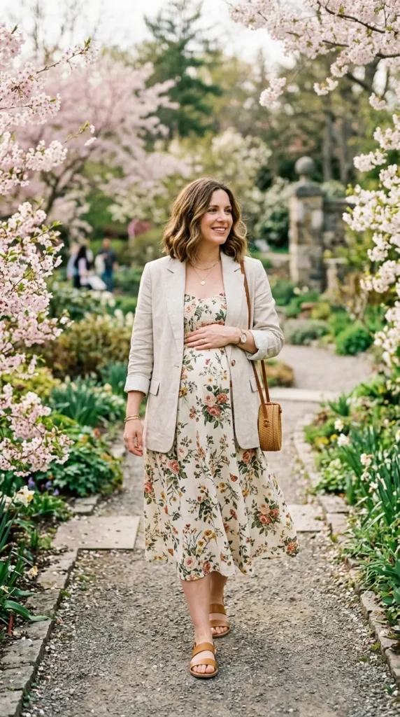 Pregnant woman layering linen blazer over floral dress for spring maternity outfit idea