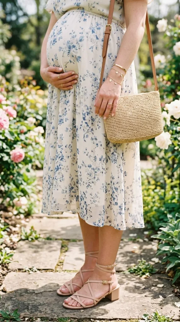 Spring accessories including gold jewelry and nude sandals styled with floral maternity dress