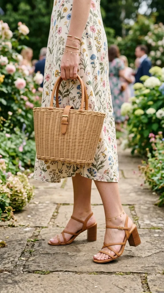 Spring garden party accessories including gold jewelry, block heel sandals and wicker bag with floral dress