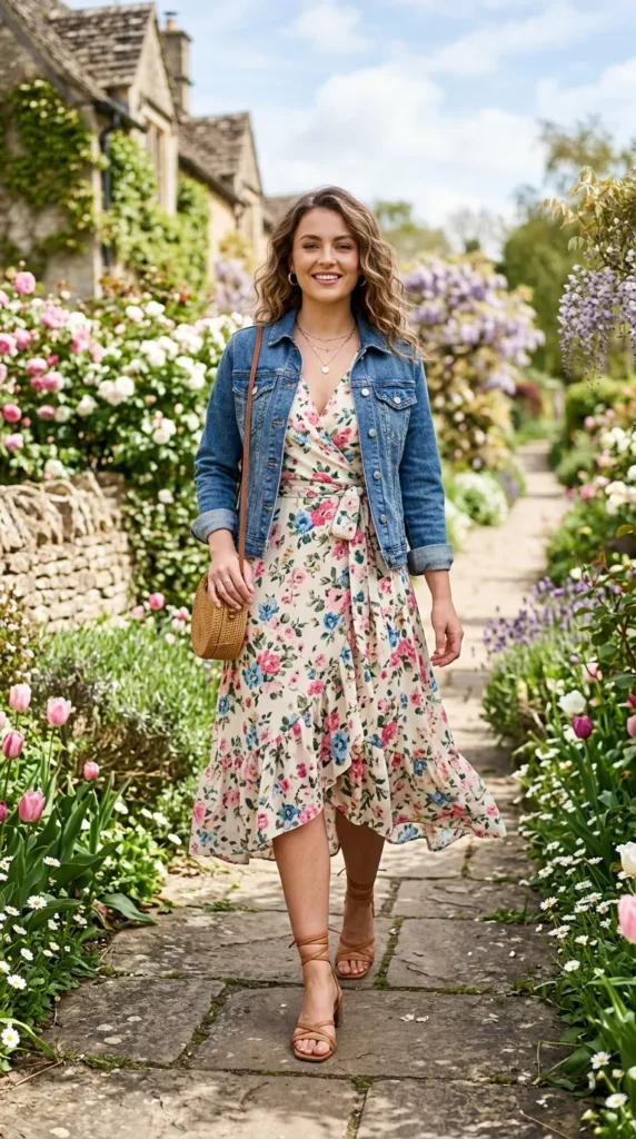 Woman in balanced spring floral dress and denim jacket with strappy sandals, confident stance
