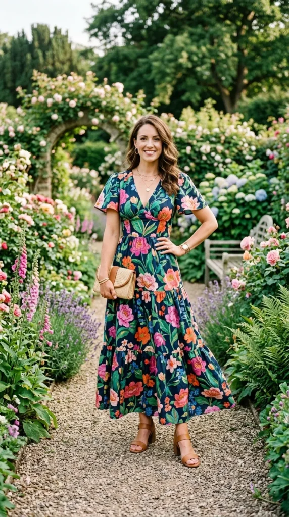 Woman in bold botanical floral maxi dress with fitted bodice at outdoor spring garden event
