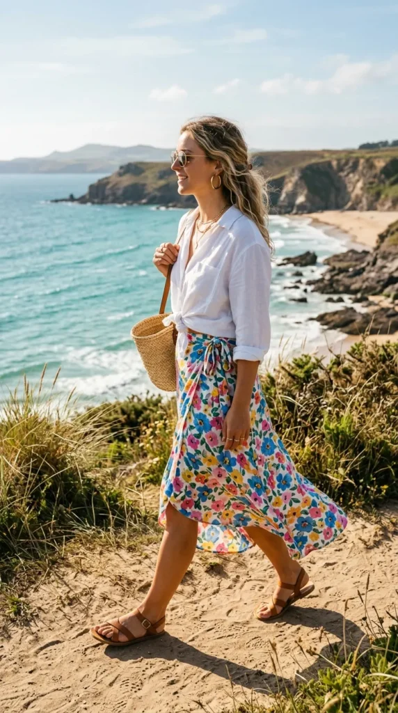 Woman in floral wrap skirt with white linen shirt at beach side view, effortless spring coastal weekend look
