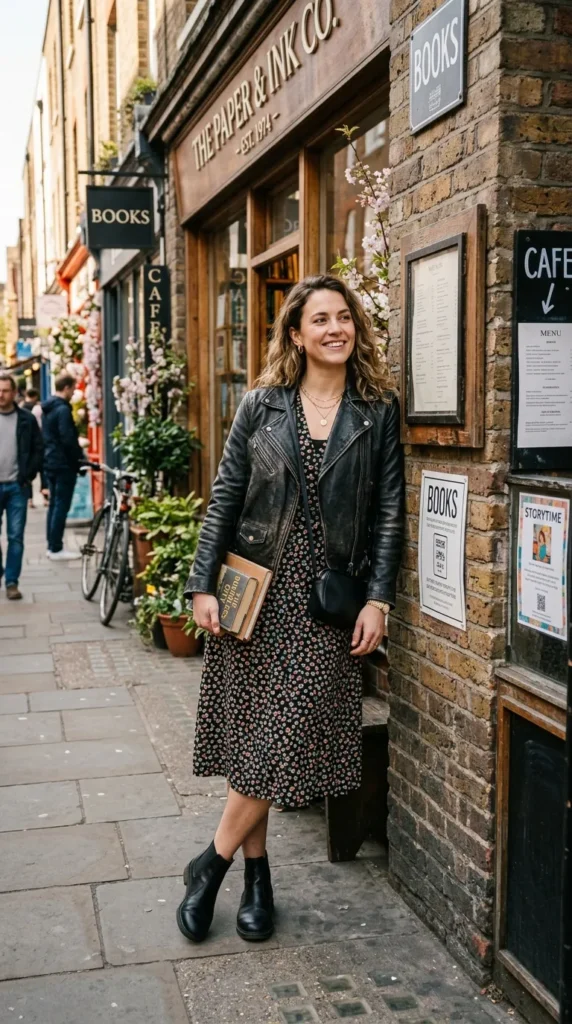 Woman in ditsy floral midi with leather jacket and Chelsea boots leaning, cultural urban spring weekend look