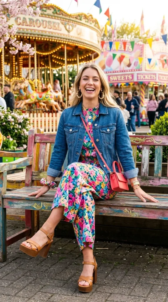Woman seated in floral playsuit with denim jacket and platform sandals, maximum fun spring day out look