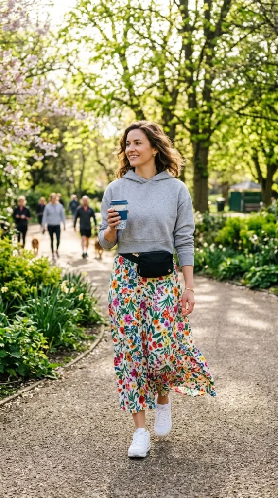 Woman walking in floral maxi with cropped hoodie and white trainers in park, athleisure spring morning look