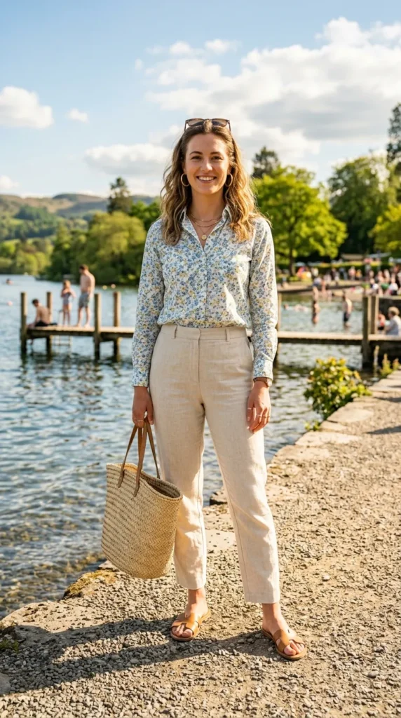 Woman in open floral shirt as cover-up over bikini and shorts at lake, spring swimming day look