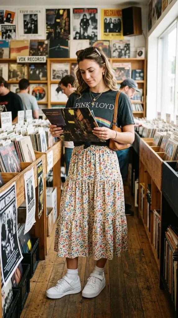 Woman in floral midi skirt with band tee and chunky sneakers candid moment, cool street spring weekend look
