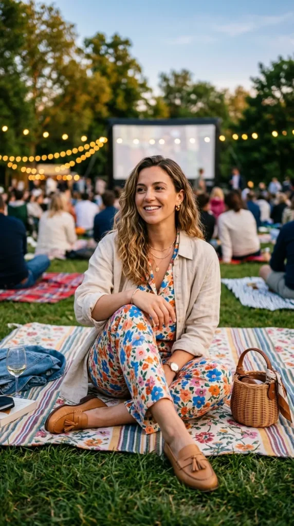 Woman seated in floral co-ord with linen overshirt and loafers at outdoor cinema picnic, spring evening casual look