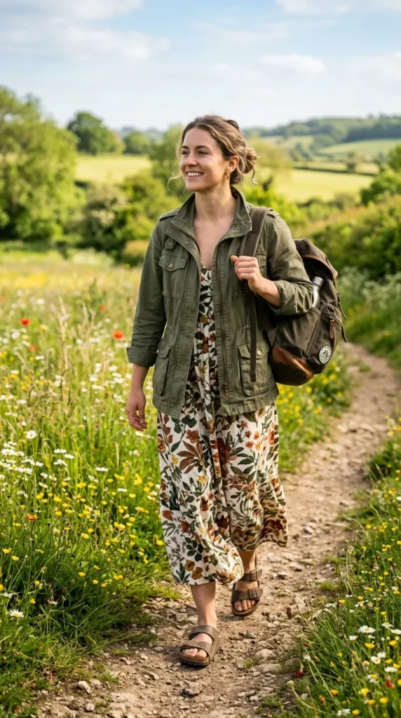 Woman walking in floral maxi with utility jacket and hiking sandals on nature trail, outdoor adventure spring look