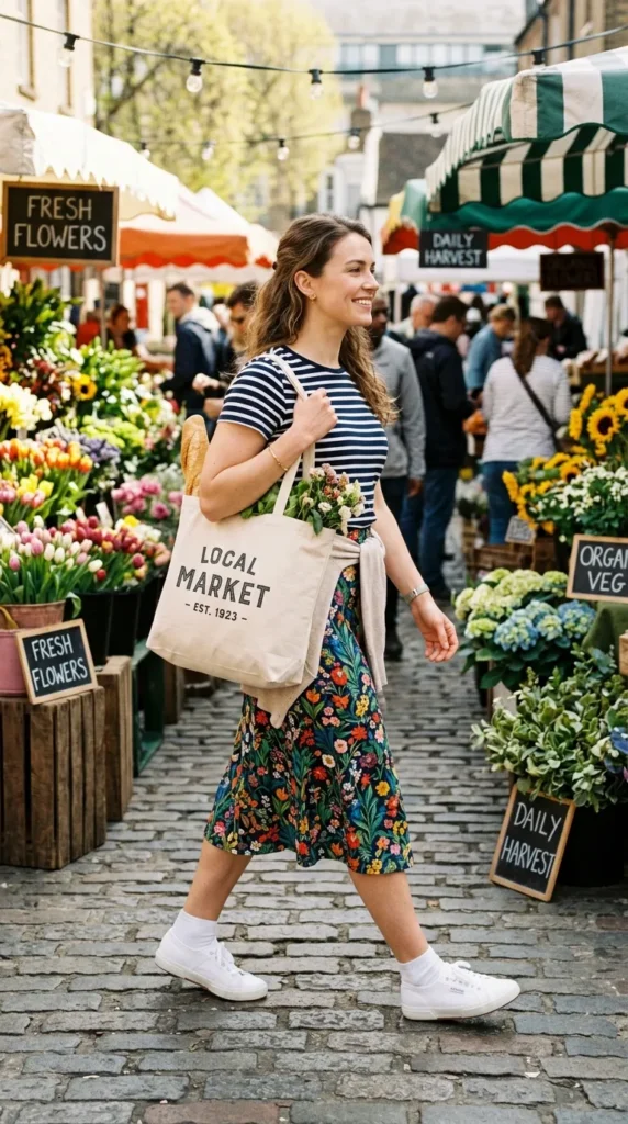 Woman in floral midi skirt with stripe tee and canvas sneakers at market, joyful spring weekend look