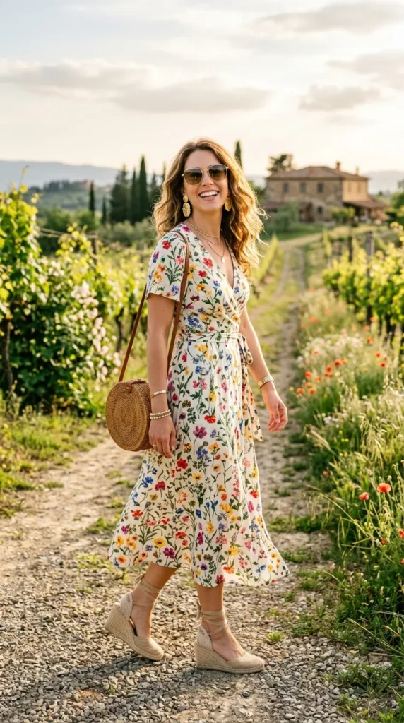 Woman in floral wrap dress with espadrille wedges and woven bag over shoulder, wine country weekend spring look