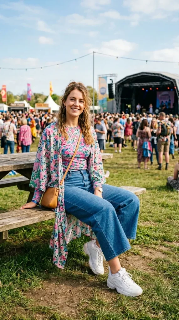 Woman in floral crop top with denim shorts and trainers at festival, spring outdoor concert look
