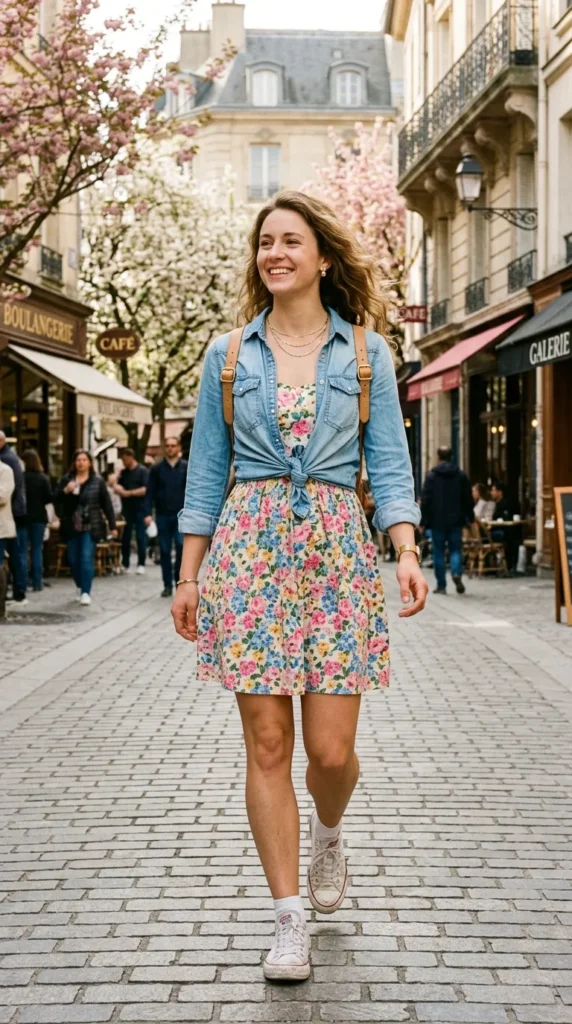 Woman walking in floral sundress with white Converse and tied denim shirt, spring day trip sightseeing look