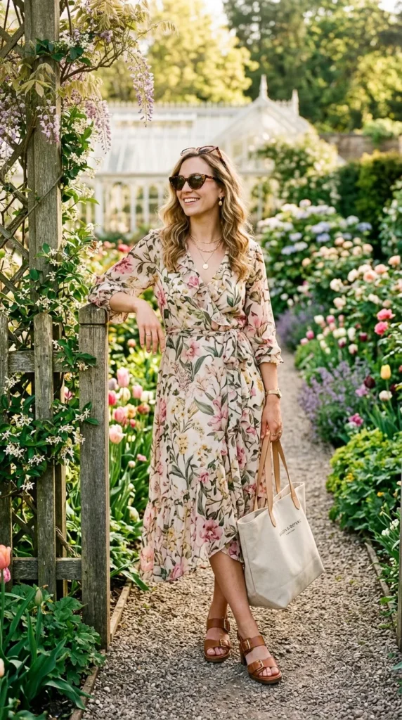 Woman in floral midi dress with chunky sandals and tote bag leaning, botanical garden spring cultural look