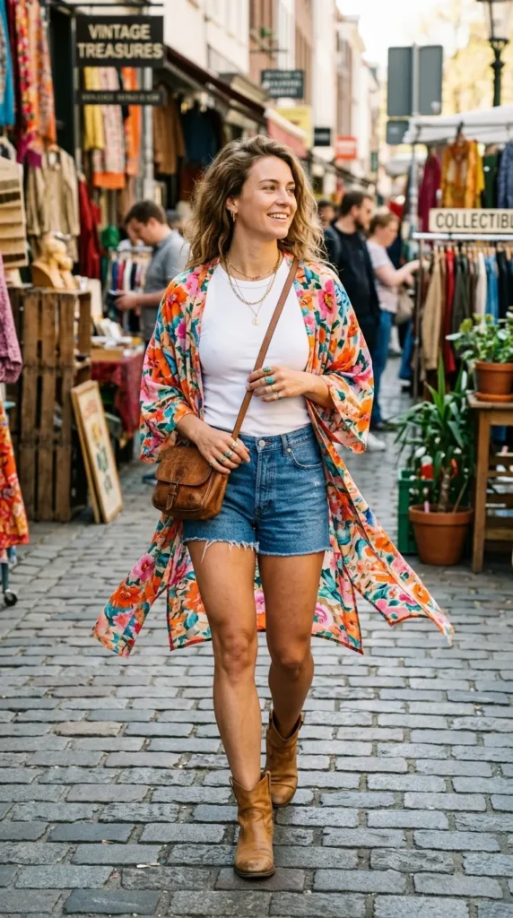 Woman in floral kimono with denim cut-offs and ankle boots 3/4 view, vintage market spring look