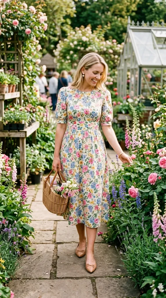 Woman in floral tea dress with ballet flats and wicker bag candid garden moment, perfect Sunday spring look