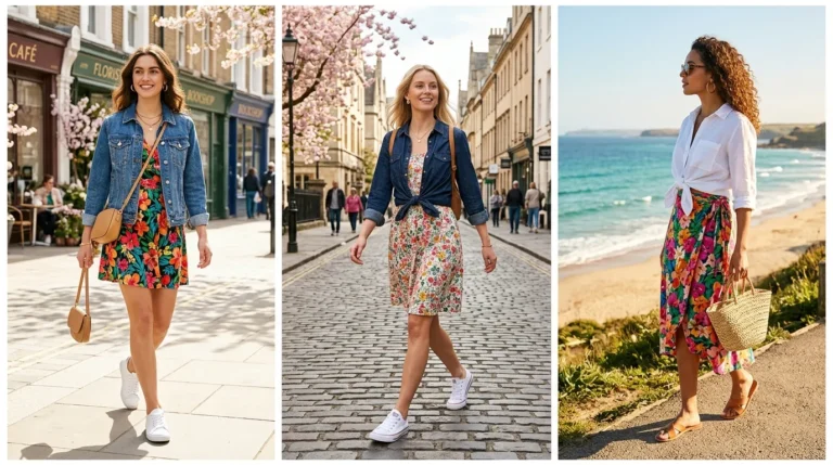 casual spring floral outfits Woman in floral mini dress with denim jacket and white sneakers on spring street, casual weekend spring look