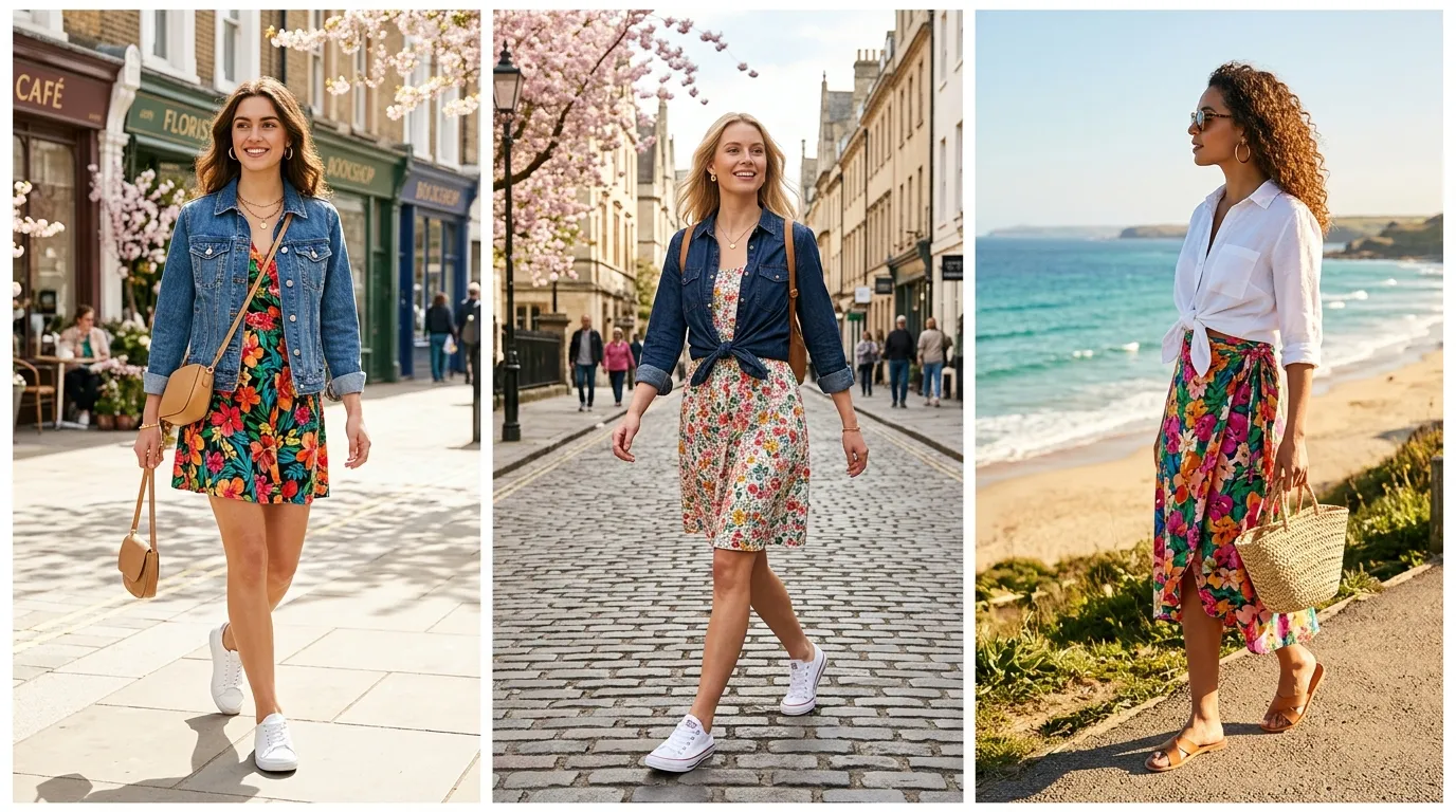 casual spring floral outfits Woman in floral mini dress with denim jacket and white sneakers on spring street, casual weekend spring look