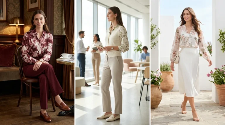 Woman in classy silk floral blouse with ivory wide-leg trousers, polished spring floral blouse outfit idea