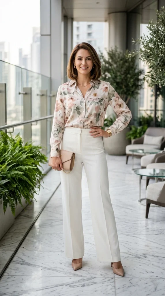 Woman wearing silk floral blouse with tailored ivory wide-leg trousers for spring, classy polished floral blouse outfit idea