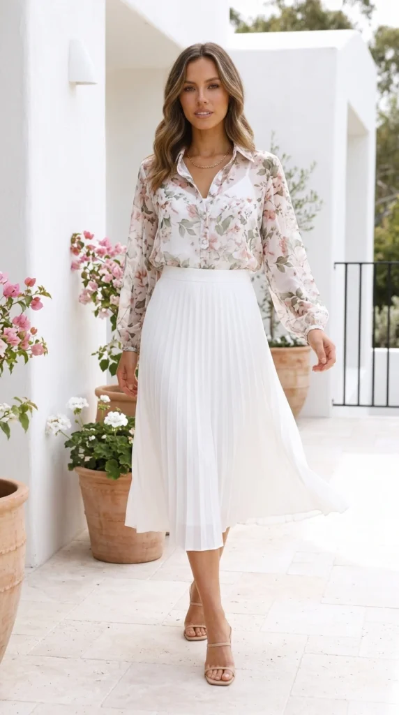 Woman wearing sheer floral blouse with high-waisted white midi skirt for spring, classy polished floral blouse outfit idea
