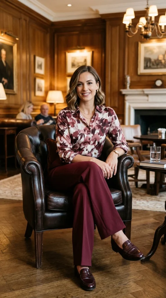 Woman wearing floral blouse with tailored burgundy trousers and loafers for spring, classy polished floral blouse outfit idea