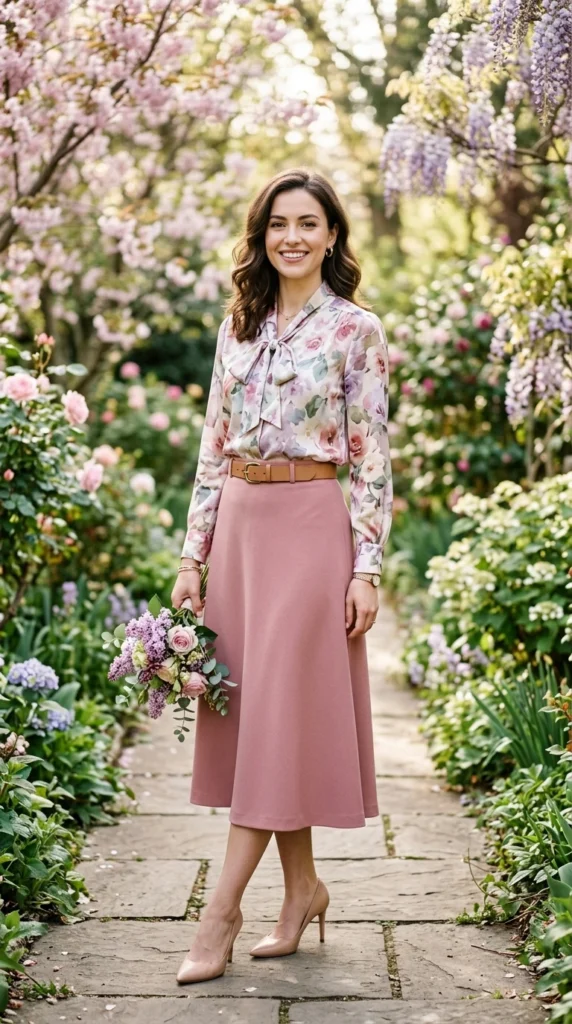 Woman wearing floral tie-neck blouse with a belted a-line midi skirt for spring, classy polished floral blouse outfit idea