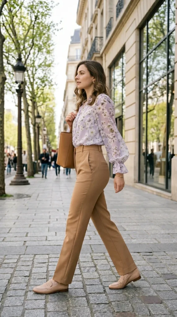 Woman wearing floral chiffon blouse with high-waisted camel straight-leg trousers for spring, classy polished floral blouse outfit idea