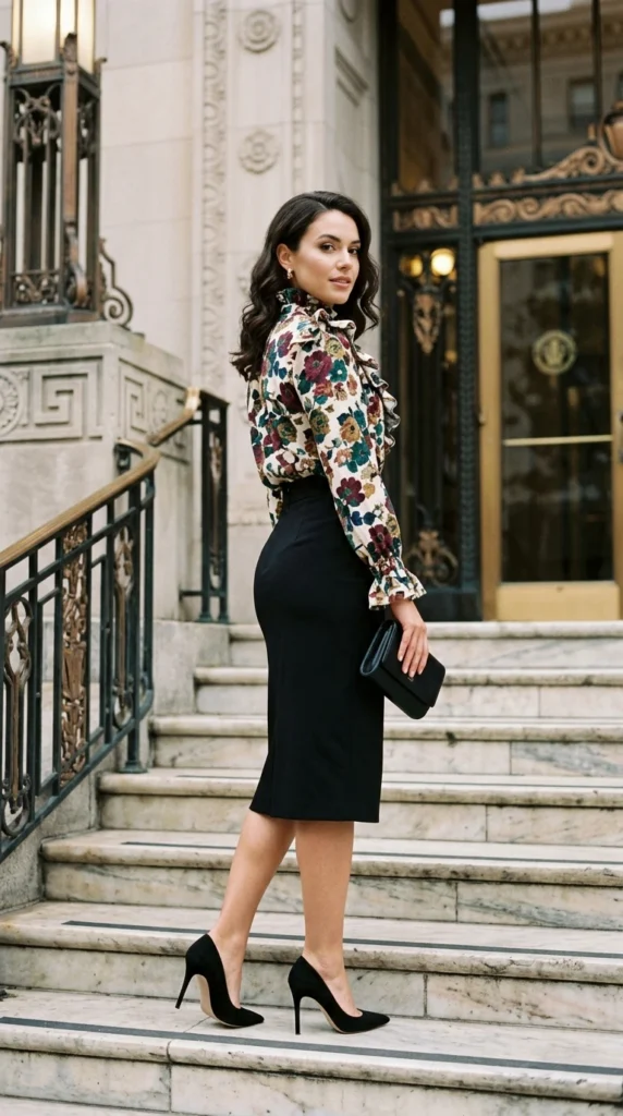 Woman wearing ruffled floral blouse with tailored black midi skirt for spring, classy polished floral blouse outfit idea