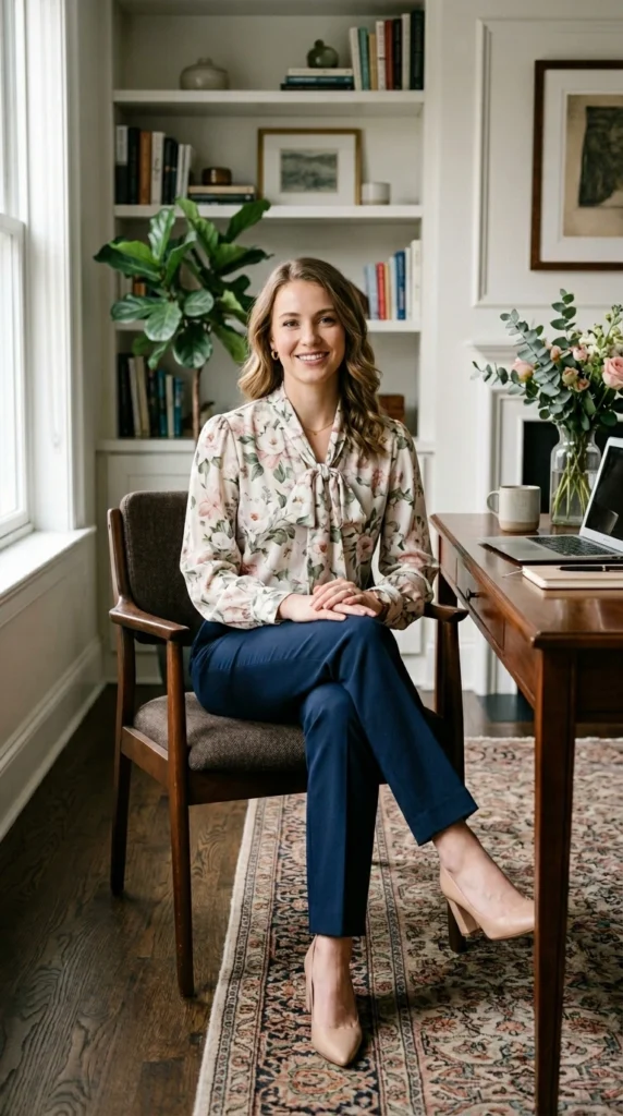 Woman wearing pussy-bow floral blouse with high-waisted navy straight trousers for spring, classy polished floral blouse outfit idea