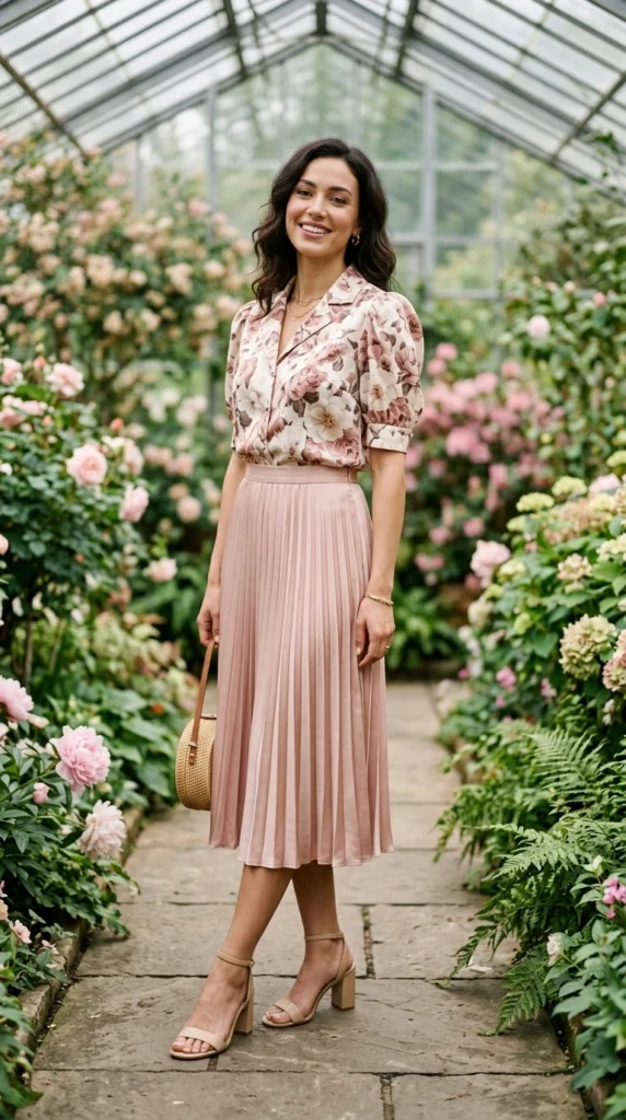 Woman wearing floral blouse tucked into a pleated blush midi skirt for spring, classy polished floral blouse outfit idea